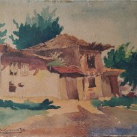 Картина, селска къща, худ. Ем. Измирлиевъ, 1940-те год., снимка 1 - Картини - 39132240
