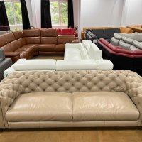 Голям кремав кожен диван Честърфийлд - естествена кожа, снимка 1 - Дивани и мека мебел - 39955169