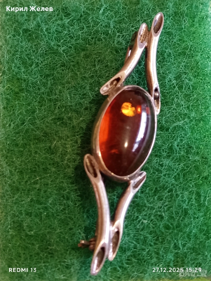 Винтидж сребърна брошка с ЕСТЕСТВЕН БАЛТИЙСКИ КЕХЛИБАР елегантна Арт бижу 38755, снимка 1