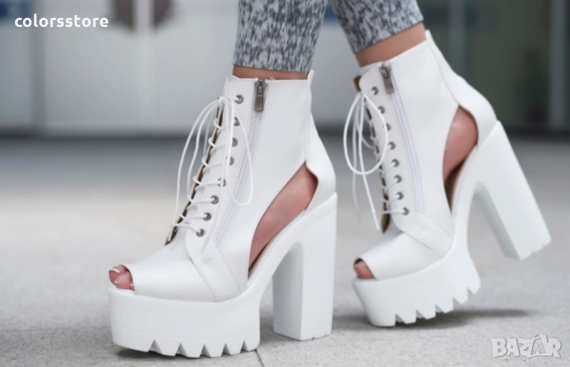 Летни боти на ток бяла кожа код LT74, снимка 1