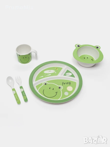 Детски комплект за хранене Bamboo Fibre kids set Frog 5 броя прибори за хранене Жаба, снимка 1