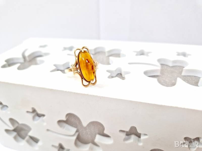 Руски златен пръстен с естествен кехлибар, снимка 1