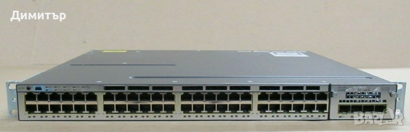 Суич Cisco WS-C3750X-48PF-S V05 + C3KX-NM-10G — 48×Gb PoE+, 2×1100W PSU, 2×FAN-23CFM, EARS, снимка 1