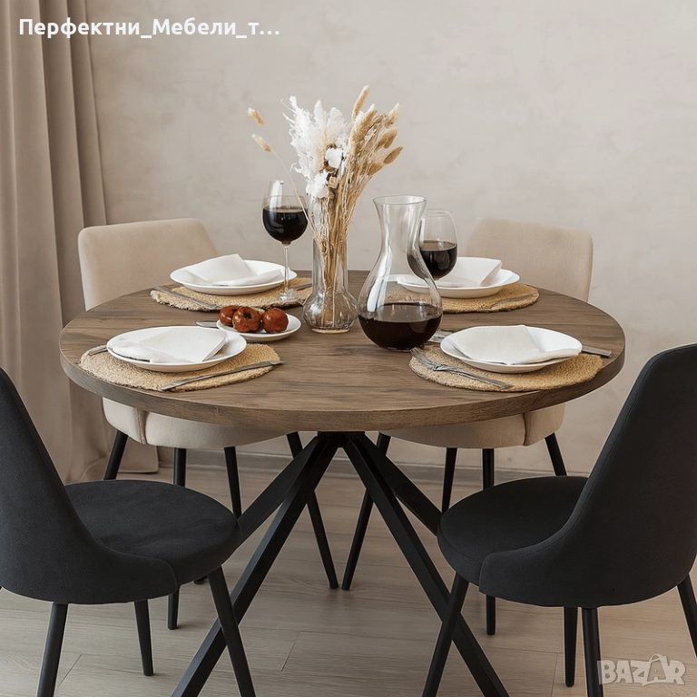 Икономична трапезна маса диам. 120см.- метал и плот МДФ орех, снимка 1