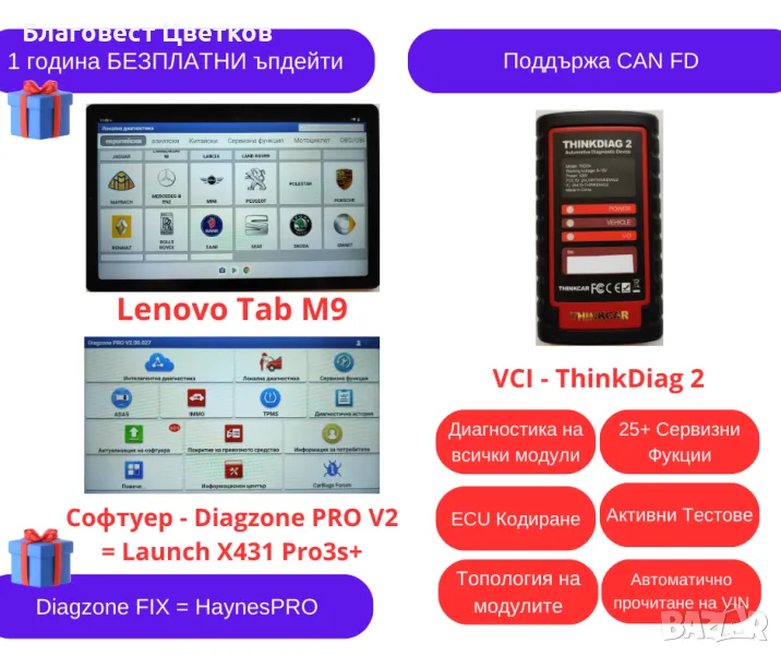 Thinkdiag 2 + Diagzone Pro V2 + Таблет- професионална автодиагнoстика, снимка 1