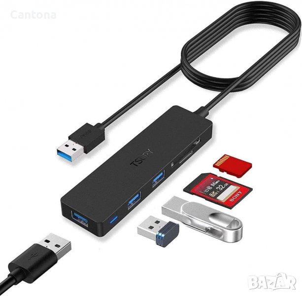 TSUPY Multi USB HUB, 5-в-1, SD и Micro SD четец, 3 USB 3.0 порта - 120 см кабел, снимка 1