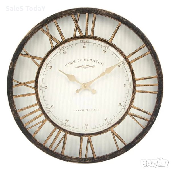 Декоративен стенен часовник, бронзов, стенен, часовник, римски с цифри, 40,6х5 см, снимка 1