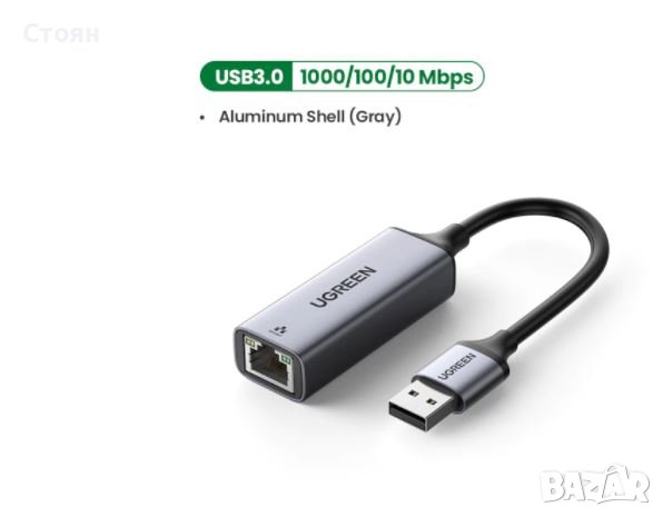  Мрежови адаптер UGREEN USB 3.0 Gigabit LAN Ethernet, 1000Mbps, снимка 1