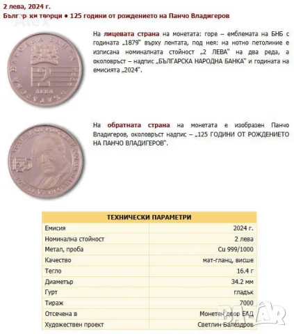 Възпоменателна Колекционерска Монета 125 години от рождението на Панчо Владигеров“. 