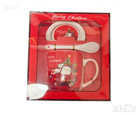 Порцеланова Коледна чаша с чинийка и лъжичка, в кутия, снимка 3 - Чаши - 47389266