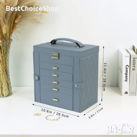 кутия за бижута 6-етажна от естествено дърво, кожа с огледало – XXL синьо-сиво, снимка 10 - Други - 53357861