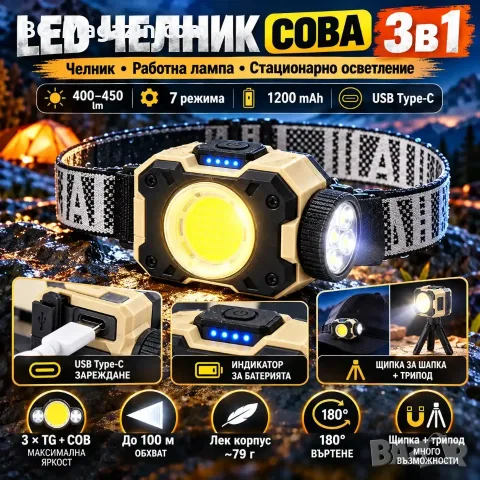 LED челник и работна лампа COBA 3в1, 400–450 lm с Type-C