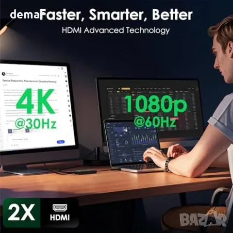 USB-C към Dual HDMI адаптер за 2 екрана 4K@30Hz, снимка 3 - Кабели и адаптери - 55933414