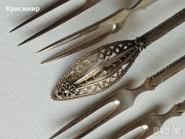   6 вилички СРЕБЪРНИ с филигранна дръжка проба 800, 6 лъжички посребрени,обаче филиграна е сребърен , снимка 7 - Антикварни и старинни предмети - 51413524