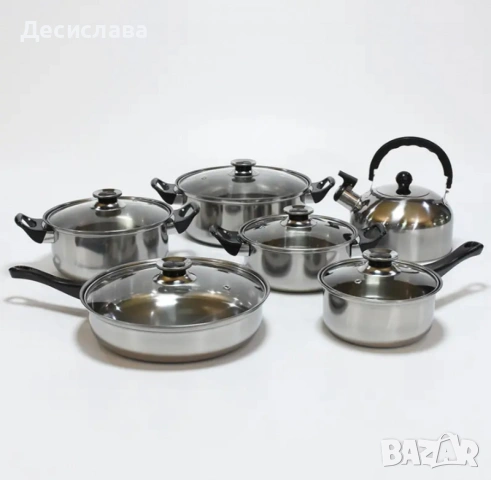 Комплект от 12 части за всяка кухня. 3бр тенджери, тиган, касерола и чайник и капаци, снимка 5 - Съдове за готвене - 53641164