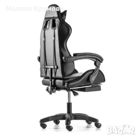 Черен геймърски стол с прибираща се поставка за крака – максимален комфорт при дълги часове игра, снимка 3 - Столове - 53491426