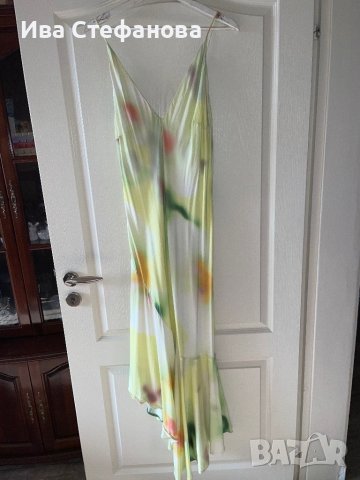 Разкошна сатенена лимонено жълто зелена свежа елегантна дълга асиметрична парти  сатен 100% визкоза , снимка 2 - Рокли - 41673550