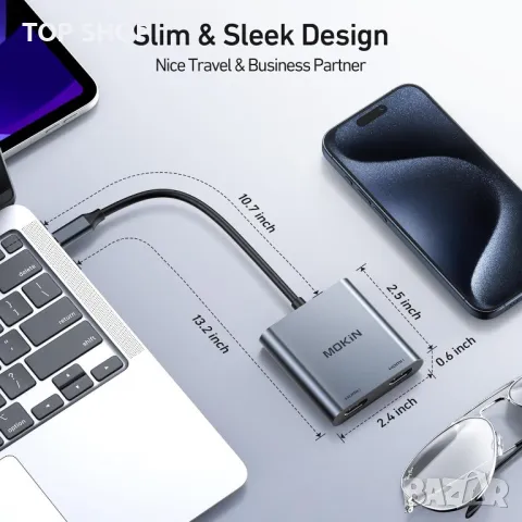 MOKiN USB C към двоен HDMI адаптер, 2 В 1 за монитор 4K/60Hz, снимка 2 - Кабели и адаптери - 49417986