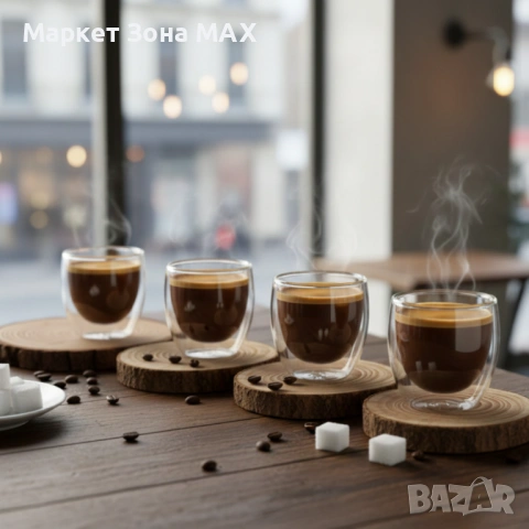 Термоустойчиви чаши за еспресо с двойно дъно – комплект 4 бр., 65 мл