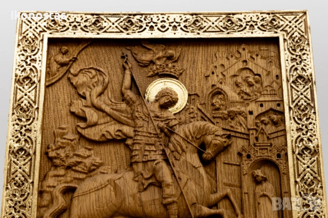 Позлатена релефна икона на Свети Георги Победоносец от дъб, снимка 5 - Икони - 53223713