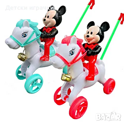 Играчка за бутане Мики маус на кон, звуци, розова, буталка, снимка 1