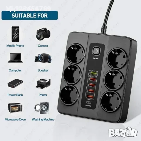 Разклонител за контакт 220V ,6 гнезда, 5 USB, 1 Type C със защита, снимка 2 - Други стоки за дома - 50747603
