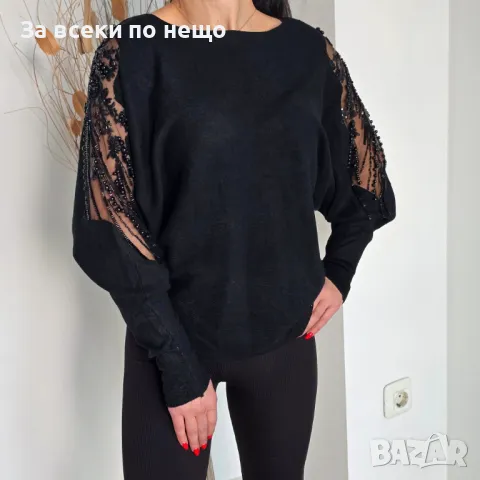 Дамска черна блуза с дълъг ръкав фино плетиво с апликация от камъни и пайети, снимка 2 - Блузи с дълъг ръкав и пуловери - 48161492
