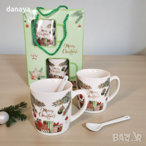 6243 Комплект коледни чаши с лъжички в подаръчна кутия – Merry Christmas, снимка 4 - Чаши - 52155041