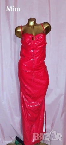 Резервирани 4XL Червена дълга ,кожена рокля, снимка 7 - Рокли - 53436489