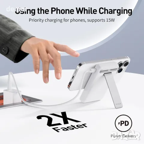 iWALK външна магнитна батерия с многоъглова регулируема стойка, Qi2 10000mAh 15W с LED дисплей, бяла, снимка 5 - Външни батерии - 49289094
