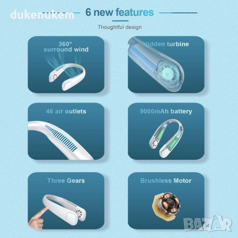 Преносим вентилатор за врат 9000 mAh, USB, 360° сгъваема глава, снимка 4 - Вентилатори - 53333314