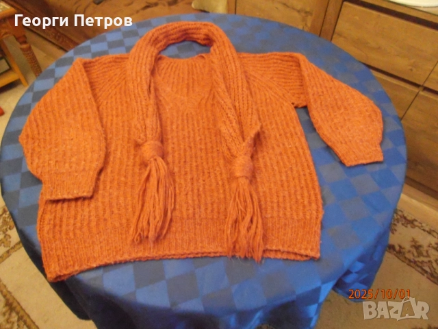 мохерен ръчно плетен пуловер и шал, снимка 1