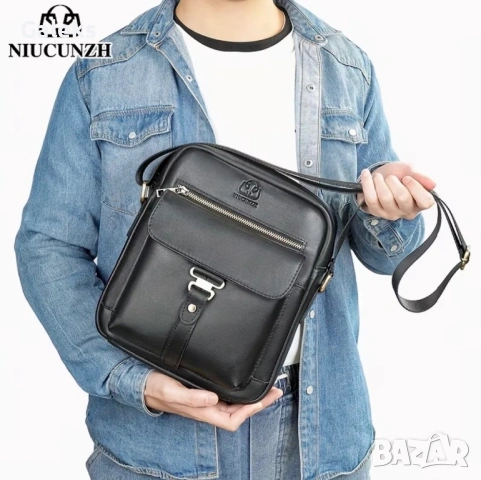 Мъжка обемна, функционална и елегантна кожена чанта / Черна естествена кожа!