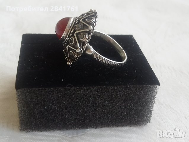 Старинен сребърен пръстен с карнеол, снимка 4 - Пръстени - 41555387