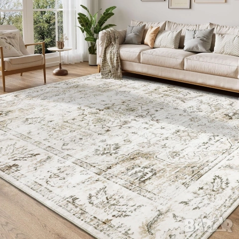 Голям килим Homcomodar 200x300см, Бежов, Перящ се, Винтидж дизайн, снимка 3 - Килими - 53238054