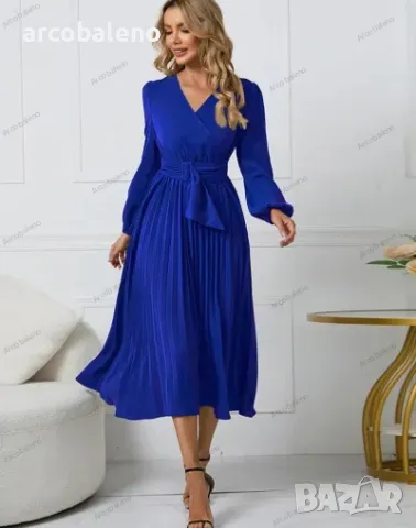 Дамска рокля с дълъг ръкав с тънък плисиран колан с V-образно деколте и пола с A-силует, 4цвята , снимка 7 - Рокли - 39147866