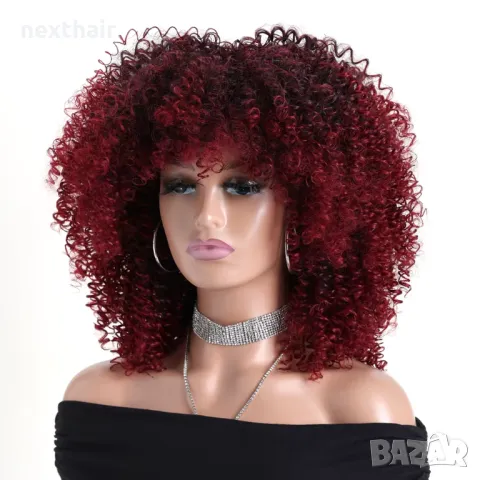 Тъмно червена афро къдрава омбре перука с тъмни корени, снимка 4 - Аксесоари за коса - 50307861