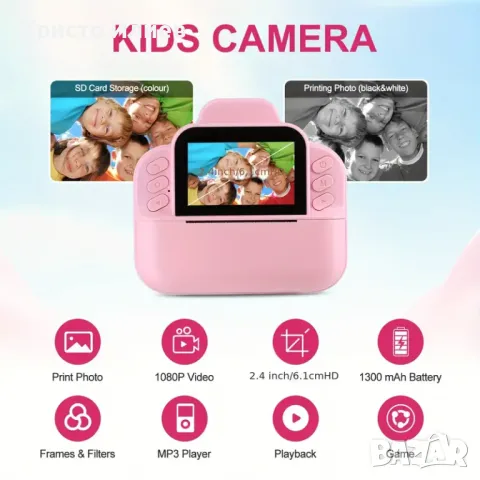 Детски фотоапарат за моментни снимки с дисплей мини термален Принтер с хартия комплект Лилав, снимка 12 - Други - 49846744