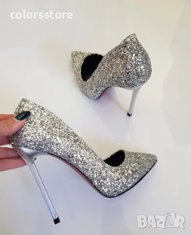 Обувки на ток - сребрист брокат със сребрист ток - 6060