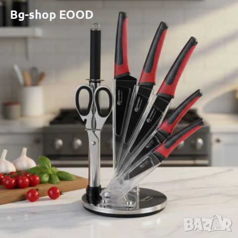 Комплект кухненски ножове от въглеродна стомана от 8 части с ергономични дръжки, черно и червено, снимка 8 - Други - 53744393