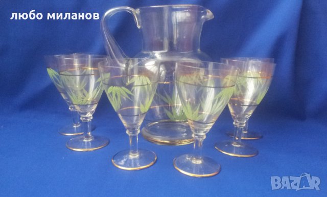 Комплект 6 чашки, кана за алкохол, златни кантове, листа зелена посипка, снимка 5 - Антикварни и старинни предмети - 34845864