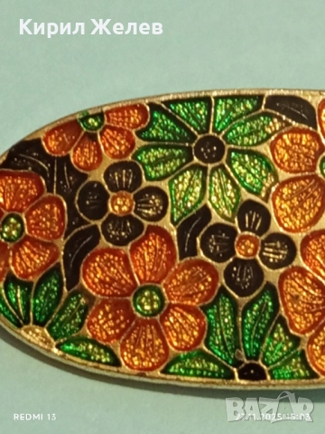 Винтидж емайлирана брошка с флорален мотив украсен в оранжево,зелено и черно 34563, снимка 3 - Други - 52562389