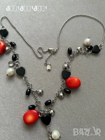 Италианско сребърно колие с естествени камъни Корал, Перла, Оникс , снимка 3 - Колиета, медальони, синджири - 52569660