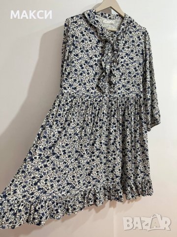 Разкошна дълга рокля с ефектни къдрички и копчета до талията в нежен флорален десен, снимка 3 - Рокли - 39971694