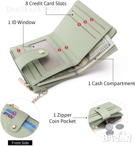 Компактен дамски портфейл с RFID защита и отделение за монети – зелен, снимка 4 - Чанти - 53727433
