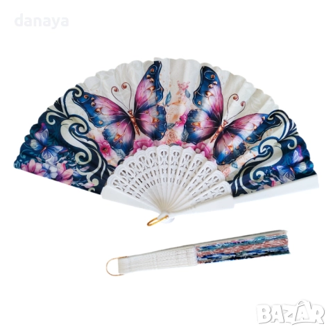 5996 Елегантно дамско ветрило за разхлаждане с принт Пеперуди