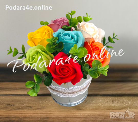 Букет от ароматни сапунени рози в метална кофичка. Идеален подарък за всеки повод , снимка 3 - Романтични подаръци - 44642146