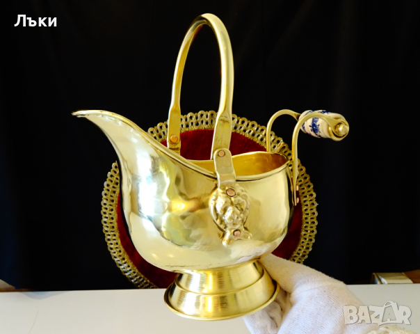 Старинен месингов съд,лъвски глави,порцелан., снимка 8 - Антикварни и старинни предмети - 36251760