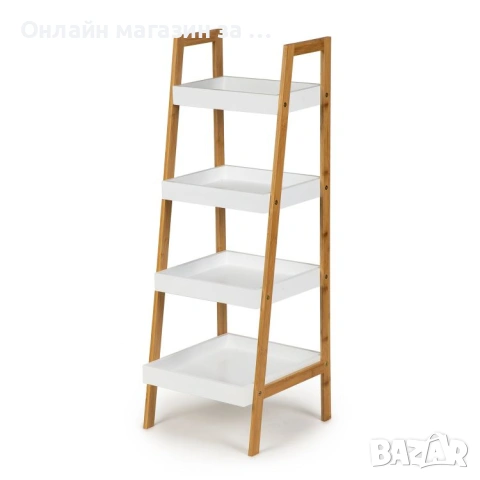 Етажерка 4 рафта МДФ бял естествен бамбук, 98*36*34см, снимка 2 - Етажерки - 53380605