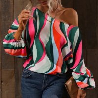 Дамска блуза с щампа и едно рамо с широк ръкав с балон, 7цвята - 023, снимка 8 - Блузи с дълъг ръкав и пуловери - 40171643